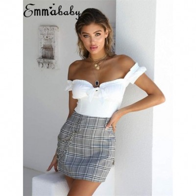 Shapewear Women's Short Sleeve Off Shoulder Bodysuit Ruffles V-Neck Jumpsuit Romper Leotard Tops - Plaid Crop Top - CS190QXRNRM