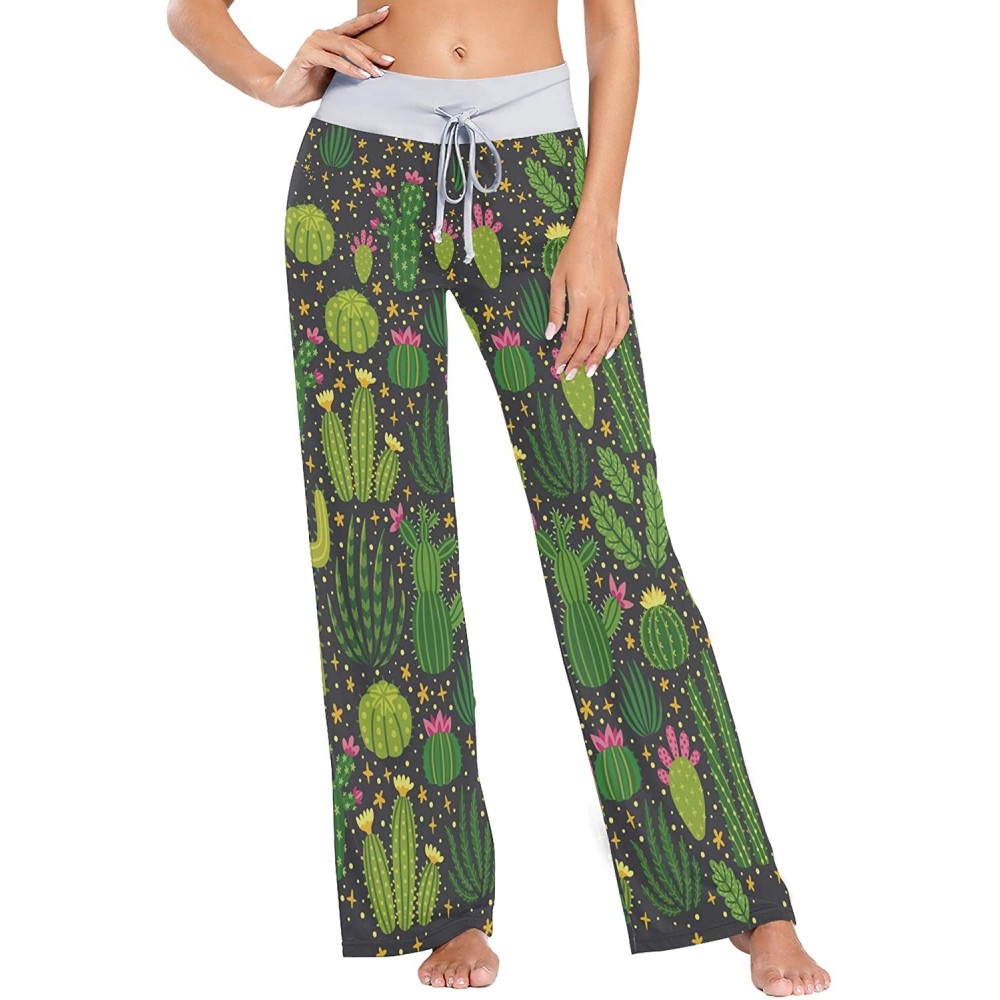 Bottoms Women's Comfy Stretch High Waist Drawstring Palazzo Wide Leg Pants - Hawaiian Tropical Cactus - CL199E0ZZYU