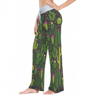 Bottoms Women's Comfy Stretch High Waist Drawstring Palazzo Wide Leg Pants - Hawaiian Tropical Cactus - CL199E0ZZYU