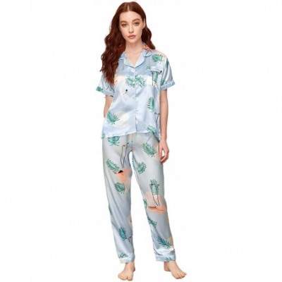 Sets Women's Satin Pajamas Set Flamingo Print Sleepwear Short Sleeve Nightwear Pants PJ - Blue - CS199XYIS93