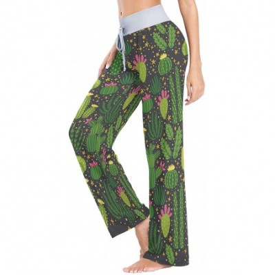 Bottoms Women's Comfy Stretch High Waist Drawstring Palazzo Wide Leg Pants - Hawaiian Tropical Cactus - CL199E0ZZYU