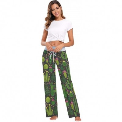 Bottoms Women's Comfy Stretch High Waist Drawstring Palazzo Wide Leg Pants - Hawaiian Tropical Cactus - CL199E0ZZYU