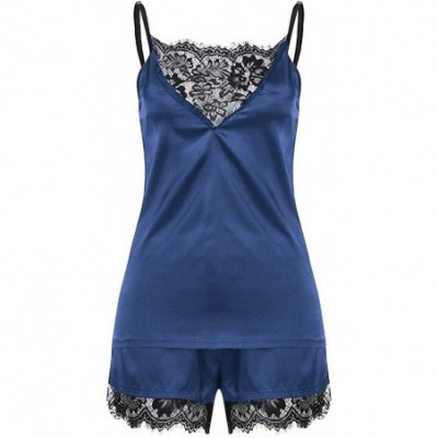 Bras Pajamas Set Women Sleepwear Sleeveless Strap Nightwear Lace Trim Satin Cami Top Pajama Sets - Darkblue - CX18W8CZAKS