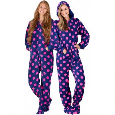 Sets Adult Chenille Hoodie Onesies | One-Piece Pajama Jumpsuits for Men and Women Pjs | Unisex - Navy Pink Polka Dots - CC11H...