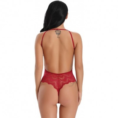 Baby Dolls & Chemises Womens High Neck Sheer Lace Teddy Lingerie Mesh Backless Bodysuit - Wine Red - C118K4970XE