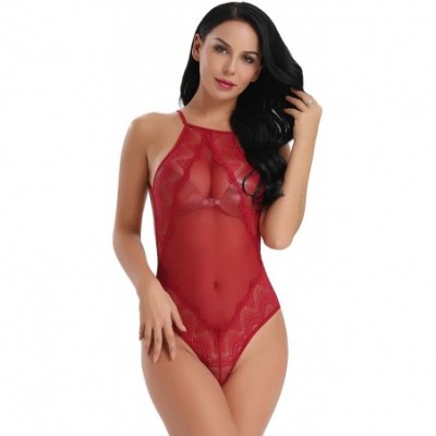 Baby Dolls & Chemises Womens High Neck Sheer Lace Teddy Lingerie Mesh Backless Bodysuit - Wine Red - C118K4970XE