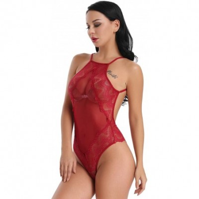 Baby Dolls & Chemises Womens High Neck Sheer Lace Teddy Lingerie Mesh Backless Bodysuit - Wine Red - C118K4970XE