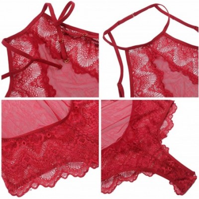 Baby Dolls & Chemises Womens High Neck Sheer Lace Teddy Lingerie Mesh Backless Bodysuit - Wine Red - C118K4970XE