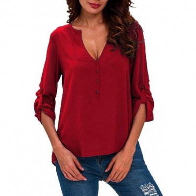 Baby Dolls & Chemises Women Shirt Blouse Casual Long Sleeve V-Neck Solid Shirt Tops T-Shirt - Red - C718XDXHT9S