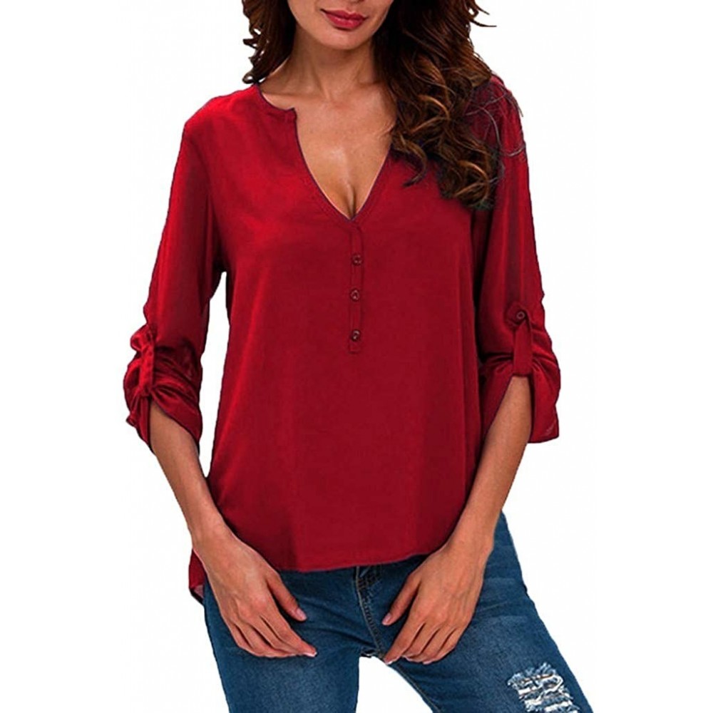 Baby Dolls & Chemises Women Shirt Blouse Casual Long Sleeve V-Neck Solid Shirt Tops T-Shirt - Red - C718XDXHT9S