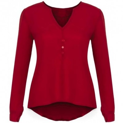 Baby Dolls & Chemises Women Shirt Blouse Casual Long Sleeve V-Neck Solid Shirt Tops T-Shirt - Red - C718XDXHT9S