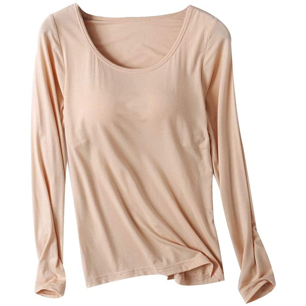 Tops Women's Long Sleeve Padded Modal T-Shirts Built-in-Bra Crow Neck Yoga Base Layer - Beige - C718OQINACW