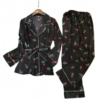 Sets Pajamas Set Women Silk Satin Long Sleeve Soft Sleepwear Button Down Nightwear - Black - CY197ZMW5U4