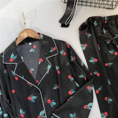 Sets Pajamas Set Women Silk Satin Long Sleeve Soft Sleepwear Button Down Nightwear - Black - CY197ZMW5U4