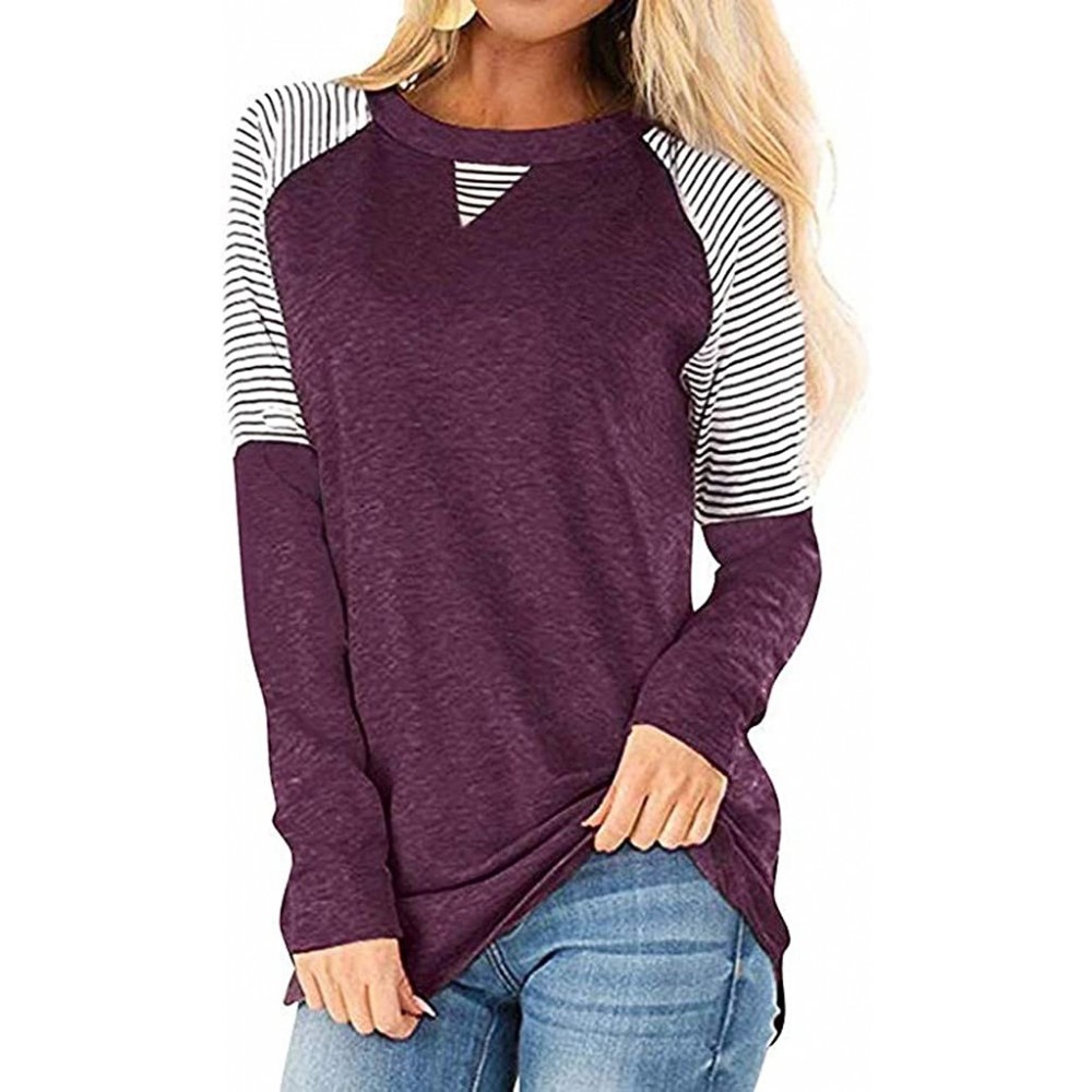 Thermal Underwear Womens Striped Long Sleeve T Shirts Leopard Color Block Tunic Blouse Tops - A-purple - C9193Z3TYCR