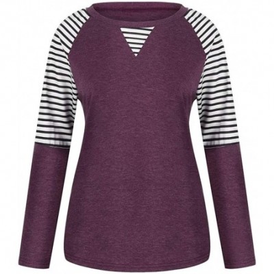 Thermal Underwear Womens Striped Long Sleeve T Shirts Leopard Color Block Tunic Blouse Tops - A-purple - C9193Z3TYCR