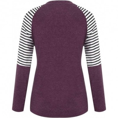 Thermal Underwear Womens Striped Long Sleeve T Shirts Leopard Color Block Tunic Blouse Tops - A-purple - C9193Z3TYCR