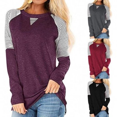 Thermal Underwear Womens Striped Long Sleeve T Shirts Leopard Color Block Tunic Blouse Tops - A-purple - C9193Z3TYCR