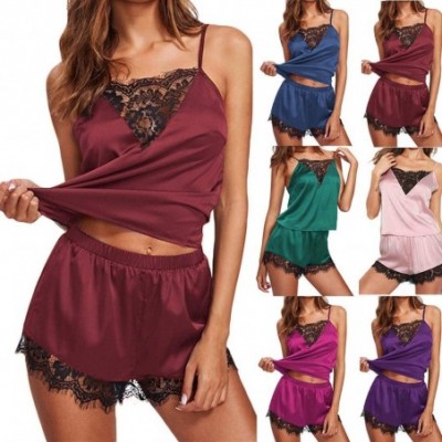 Sets Women Sleepwear Sleeveless Strap Nightwear Lace Trim Satin Cami Top Pajama Sets - 5wine Red!please Check Size Chart in T...