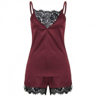 Sets Women Sleepwear Sleeveless Strap Nightwear Lace Trim Satin Cami Top Pajama Sets - 5wine Red!please Check Size Chart in T...