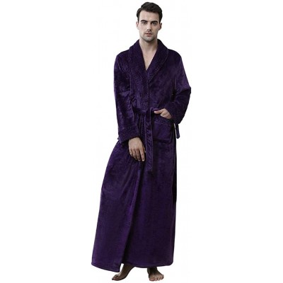 Robes Mens Thicken Velvet Robe Solid Color Bathrobe with Pocket Waistband Nightgown Pajamas - Purple - C418ALLKDSL