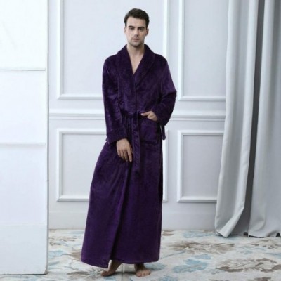 Robes Mens Thicken Velvet Robe Solid Color Bathrobe with Pocket Waistband Nightgown Pajamas - Purple - C418ALLKDSL