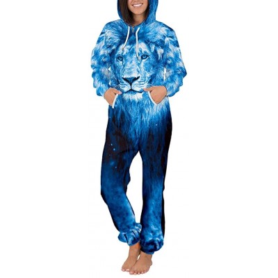 Sleep Sets Unisex 3D Print Jumpsuits Galaxy Animal Hooded One Piece Pajama - Blue Lion - C918YSOEU8O