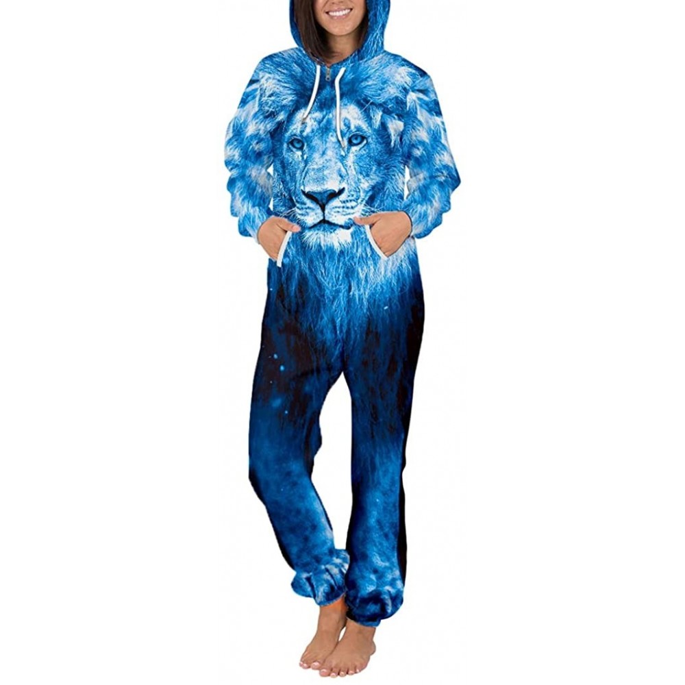 Sleep Sets Unisex 3D Print Jumpsuits Galaxy Animal Hooded One Piece Pajama - Blue Lion - C918YSOEU8O