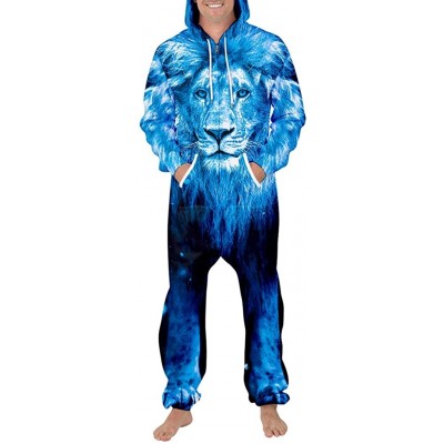 Sleep Sets Unisex 3D Print Jumpsuits Galaxy Animal Hooded One Piece Pajama - Blue Lion - C918YSOEU8O