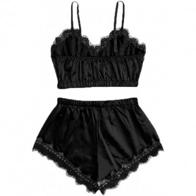 Sets Women's Lace Satin Sleepwear Leopard Print Cami Top and Shorts Pajama Set - B-black - C9193G9WUSR