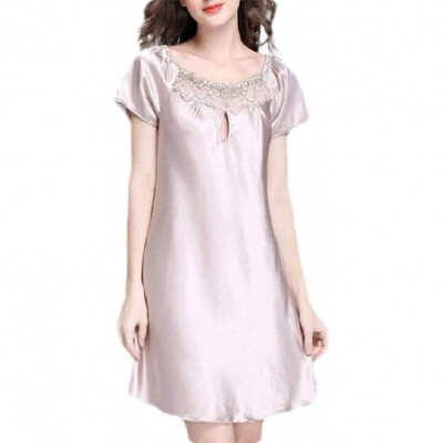 Nightgowns & Sleepshirts Short Sleeve Summer Satin Sleepwear Nightgown Night Dress - Camel - C919DWKD9MK