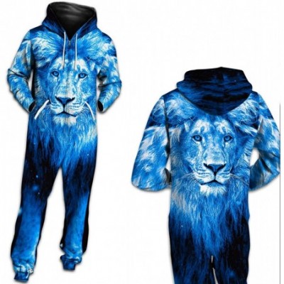 Sleep Sets Unisex 3D Print Jumpsuits Galaxy Animal Hooded One Piece Pajama - Blue Lion - C918YSOEU8O