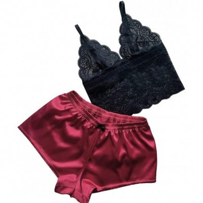 Sets Women Sexy Lingerie Lace Trim Cami Shorts Set Sleepwear Nightwear Velvet Satin Pajamas 2Pcs - Sexy-wine - CZ194KXT8LM