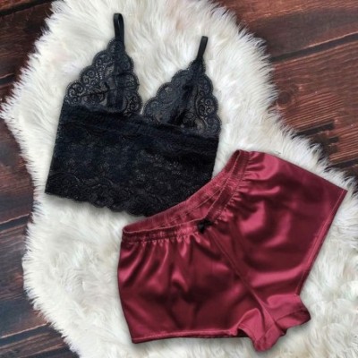 Sets Women Sexy Lingerie Lace Trim Cami Shorts Set Sleepwear Nightwear Velvet Satin Pajamas 2Pcs - Sexy-wine - CZ194KXT8LM