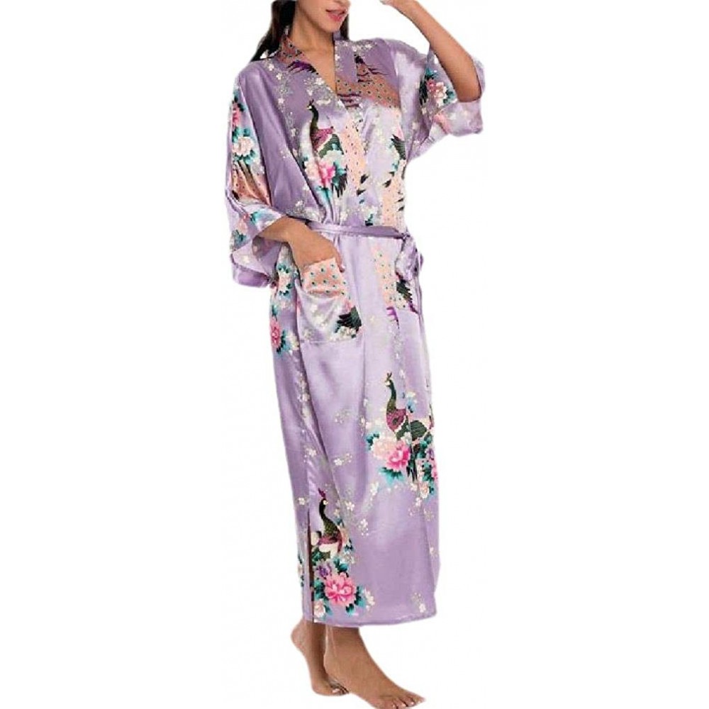 Robes Women Soft Plush 3/4 Sleeve Comfort Charmeuse Floral Printed Hoodie Robe - Light Purple - CG199SI89K6