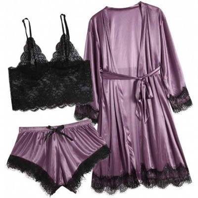 Sets 3pc Women's Exotic Chemises Negligees- Camisole Shorts Set Sexy Cami Tops + Lace Bra + Satin Shorts Pajama Sets - A-purp...