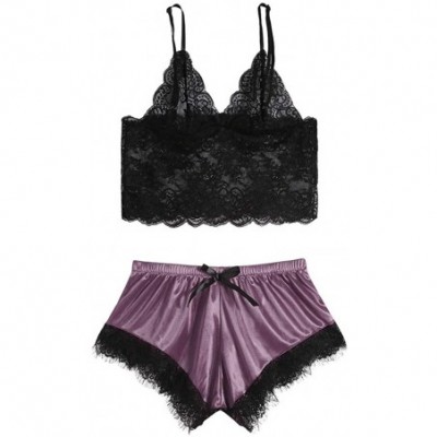 Sets 3pc Women's Exotic Chemises Negligees- Camisole Shorts Set Sexy Cami Tops + Lace Bra + Satin Shorts Pajama Sets - A-purp...