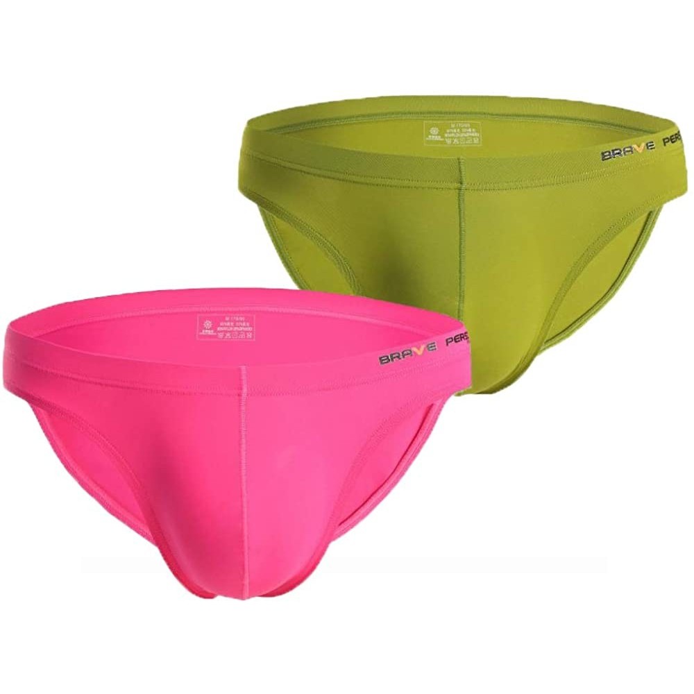 Bikinis Men's 2-Pack Nylon Contour Pouch Bikini Brief - Pink/Green - CY197X2TMK4