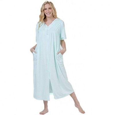 Robes Women's Long Terry Zipper Robe- with Short Sleeves- and Two Inset Side Pockets - Aqua - CR1963C8K5L