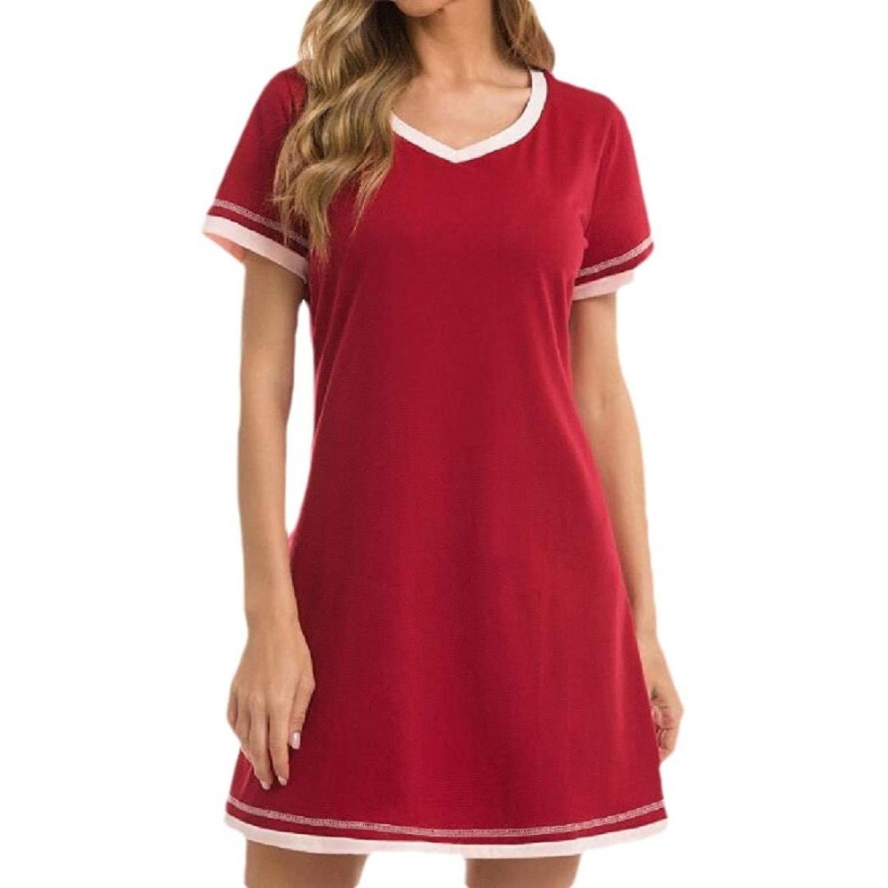 Nightgowns & Sleepshirts Women V-Neck Nightdress Summer Solid Pajamas Short Sleeve Dress - Wine Red - CD190SUURYA