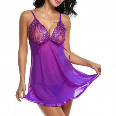 Baby Dolls & Chemises Women Sexy Lingerie Lace Babydoll Mesh Chemise V Neck Teddy Nightwear - Purple - CV12CW49RK7