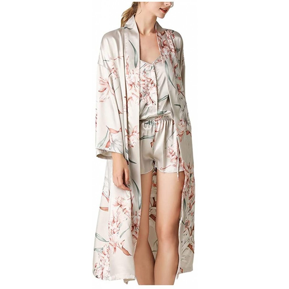 Robes Sexy Lingerie Pajamas for Women Floral Sling Camisole Ruffle Shorts Nightgown with Bathrobe - Beige - CH198Y3ON83