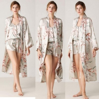 Robes Sexy Lingerie Pajamas for Women Floral Sling Camisole Ruffle Shorts Nightgown with Bathrobe - Beige - CH198Y3ON83