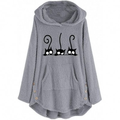 Thermal Underwear Womens Sweatshirts Oversized Warm Fuzzy Fleece Hoodies Cute Cat Print Hooded Pullover Outwear - Gray - C718...