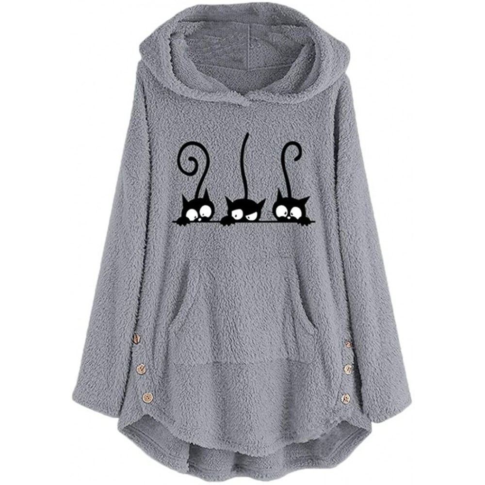 Thermal Underwear Womens Sweatshirts Oversized Warm Fuzzy Fleece Hoodies Cute Cat Print Hooded Pullover Outwear - Gray - C718...