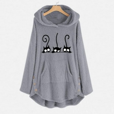 Thermal Underwear Womens Sweatshirts Oversized Warm Fuzzy Fleece Hoodies Cute Cat Print Hooded Pullover Outwear - Gray - C718...