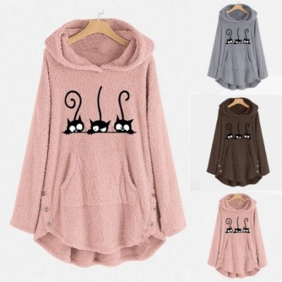 Thermal Underwear Womens Sweatshirts Oversized Warm Fuzzy Fleece Hoodies Cute Cat Print Hooded Pullover Outwear - Gray - C718...