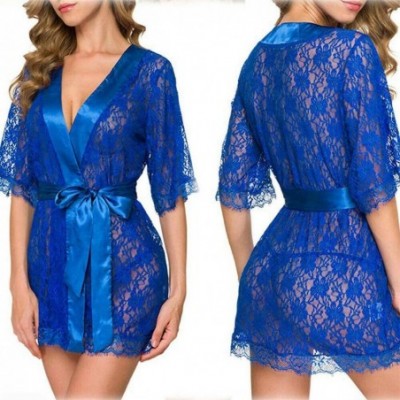 Baby Dolls & Chemises Women's Lace Kimono Robe Babydoll Lingerie Sheer Mesh Nightgown Ladies Lace Chemise Nightwear - Blue - ...