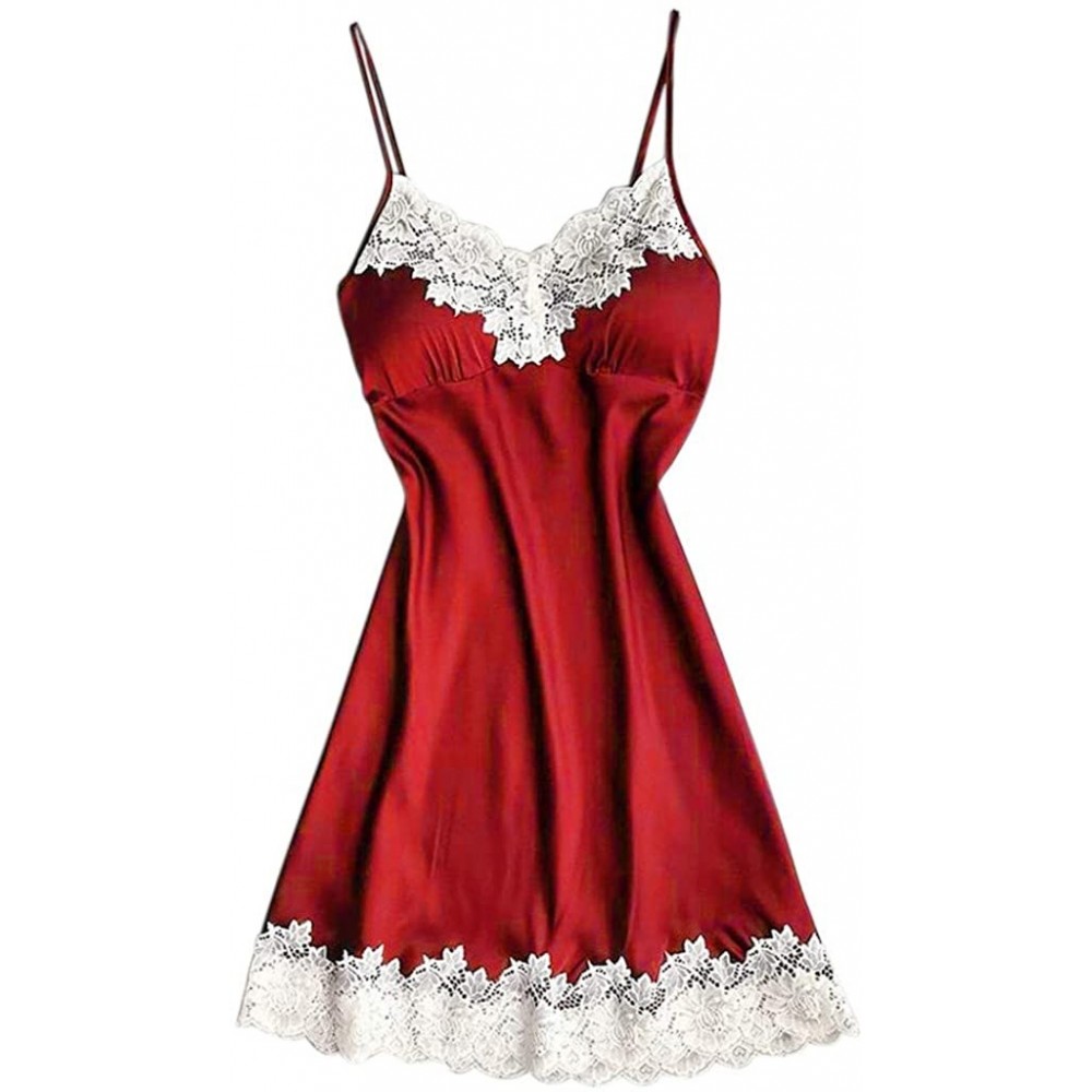 Sets Sexy Women Satin Sleepwear Women Ladies Nightwear Nightdress Sexy Lingerie with Chest Pads Night Dress - Red - C018NY02IQM