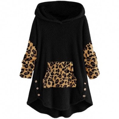 Tops Shaggy Fleece Jacket Leopard Color Block Peplum Hooded Pullover Sweatshirt Fluffy Coat Outwear - Black - CP1925EWX3W